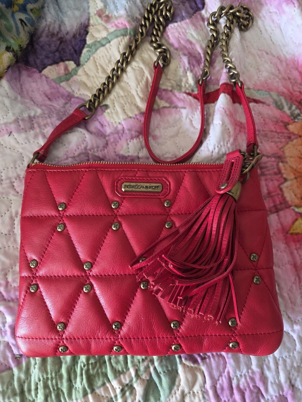 Rebecca Minkoff Hot Pink Quilted Studded Crossbody with Tassel